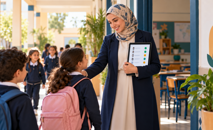 Une enseignante accueille des élèves à la porte de la classe en tenant une tablette de suivi des présences.